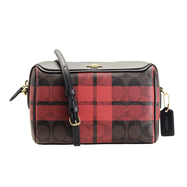 Túi Trống Coach F80068 Signature Field Plaid Print Mini Bennet Crossbody Brown True Red Phối Màu - Túi xách - Vua Hàng Hiệu