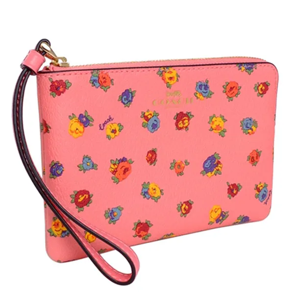 Ví Coach Corner Zip Wristlet With Mini Vintage Rose Print CA716 Màu Hồng Cam