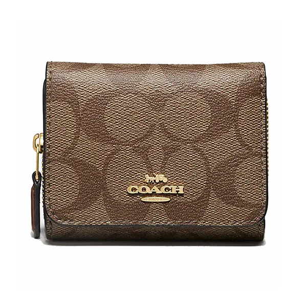 Ví Nữ Coach Small Trifold Wallet In Signature Canvas Gập 3 Màu Nâu