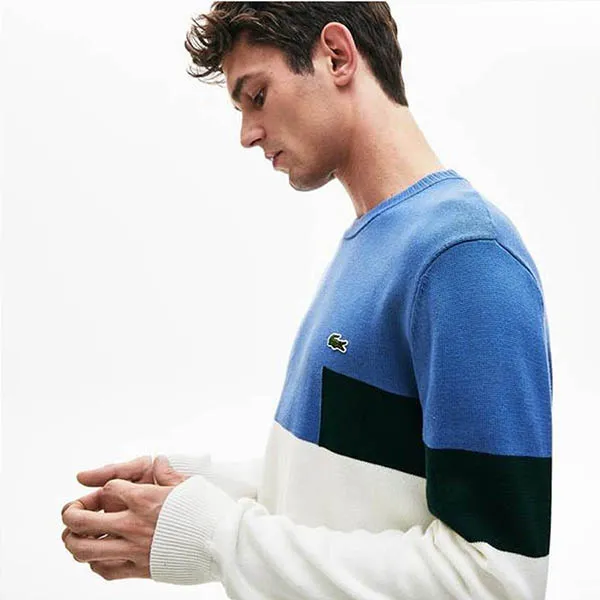 Áo Dài Tay Lacoste Men's Crew Neck Colourblock Wool And Cotton Blend Sweater AH0981-ZDS Màu Xanh - Trắng Size S