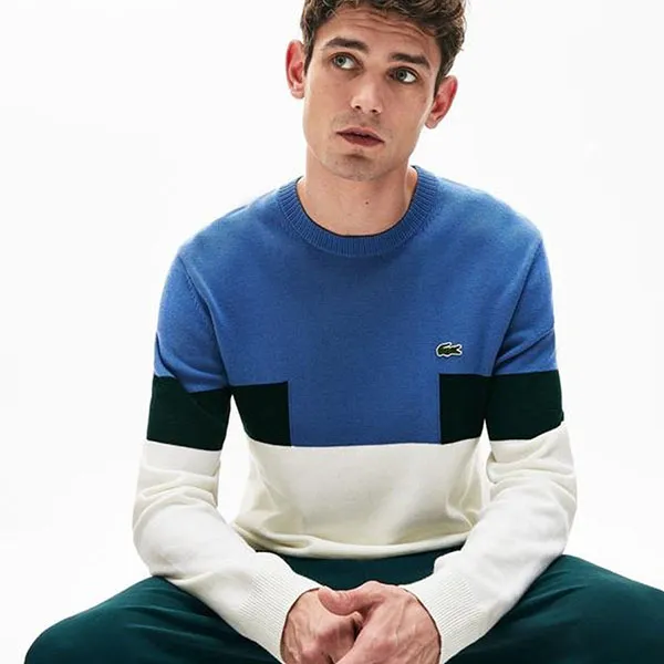 Áo Dài Tay Lacoste Men's Crew Neck Colourblock Wool And Cotton Blend Sweater AH0981-ZDS Màu Xanh - Trắng Size S