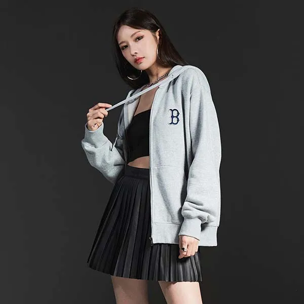 Áo Hoodie MLB Logo Zip Up Boston Red Sox 3ATRB0426-43MGS Màu Ghi Xám