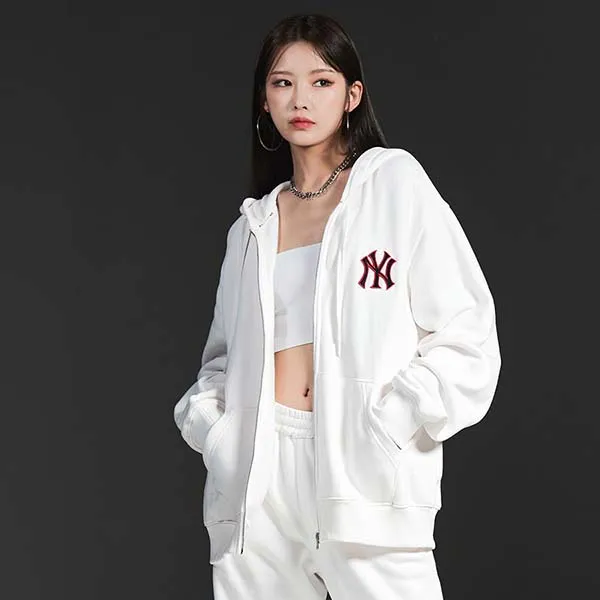 Áo Hoodie MLB Logo Zip Up New York Yankees 3ATRB0426-50IVS Màu Trắng