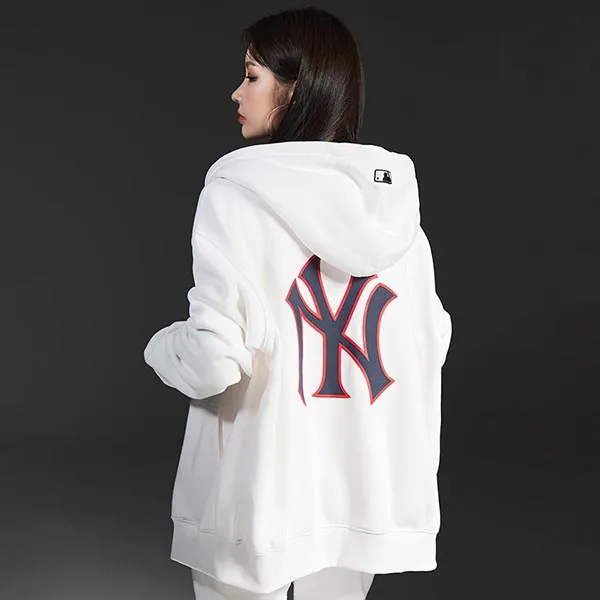 Áo Hoodie MLB Logo Zip Up New York Yankees 3ATRB0426-50IVS Màu Trắng