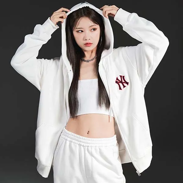 Áo Hoodie MLB Logo Zip Up New York Yankees 3ATRB0426-50IVS Màu Trắng