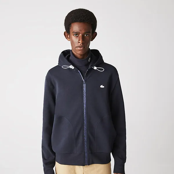Áo Khoác Nỉ Lacoste Men’s Hooded Cotton Blend Lettered Zip Sweatshirt SH6886 HDE Màu Xanh Navy Size S