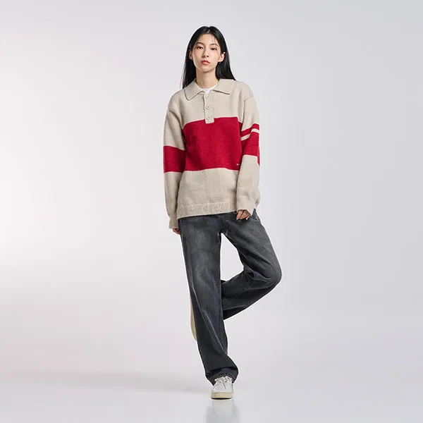 Áo Len Acmé De La Vie ADLV Stripe Polo Collar Knit Ivory Màu Be Đỏ
