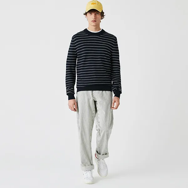 Áo Len Nam Lacoste Men’s Striped Organic Cotton Sweater AH9020 G45 Màu Xanh Đen Size 3