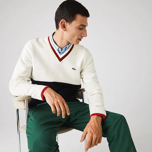 Áo Len Lacoste Men's Made In France Two-Tone Wool V-Neck Sweater AH2051 Màu Đen Trắng Size S