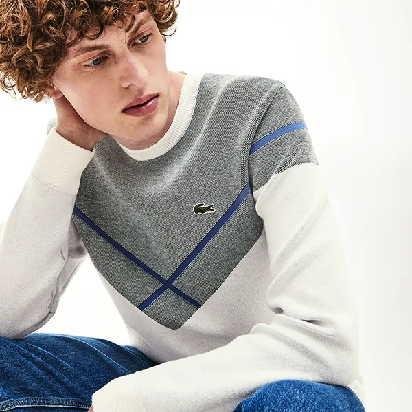 Áo Len Nam Lacoste Crew Neck Jacquard Sweater AH8540-10 2ZF Màu Xám Trắng Size S