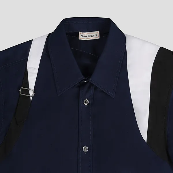 Áo Sơ Mi Alexander McQueen Tape Logo Harness 646759 QQN66 4108 Màu Xanh Navy