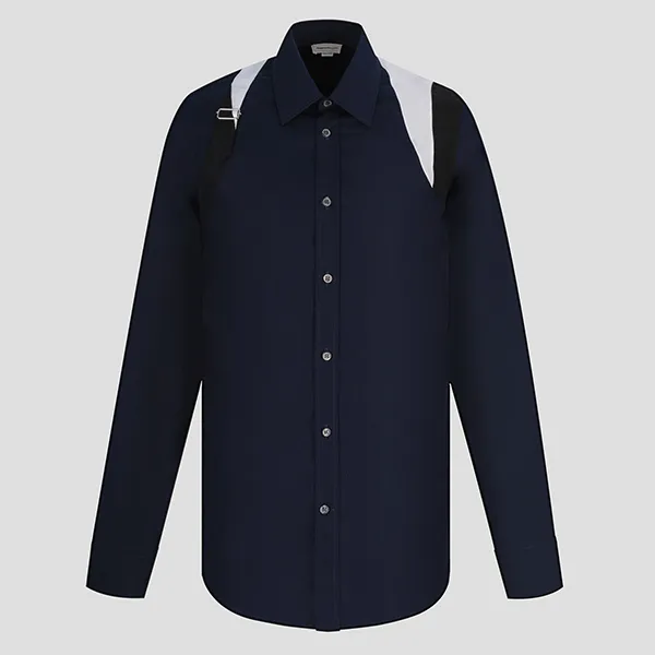 Áo Sơ Mi Alexander McQueen Tape Logo Harness 646759 QQN66 4108 Màu Xanh Navy