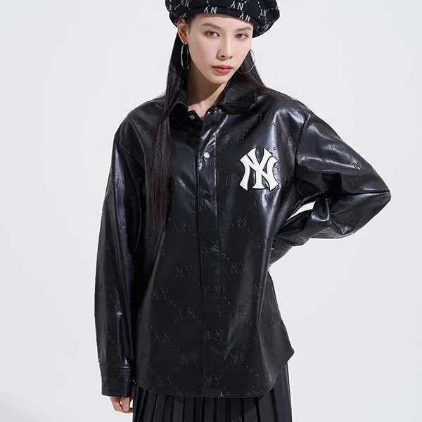 Áo Sơ Mi Da MLB Diamond Monogram Vegan Leather Shirt New York Yankees 3AWSM0324-50BKS Màu Đen