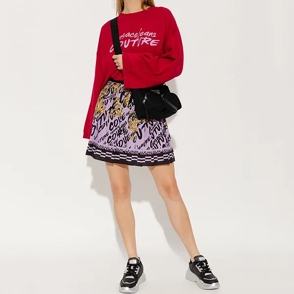 Chân váy Versace Jean Couture Pleated Mini Brush Printed Purple 73HAE813 NS173 G31 Phối Màu Size 40