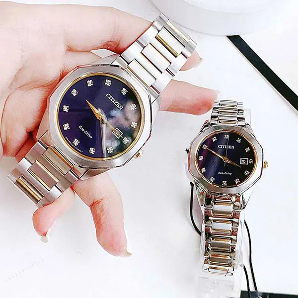 Đồng Hồ Đôi Citizen Hublottt Eco-Drive Corso Diamond BM7494-51L & EW2584-53L Màu Xanh Bạc - Đồng hồ - Vua Hàng Hiệu