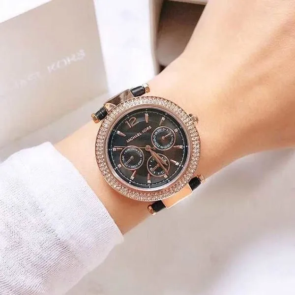 Đồng Hồ Nữ Michael Kors MK2547 Watch Strap Black Leather Màu Đen Phối Vàng Hồng