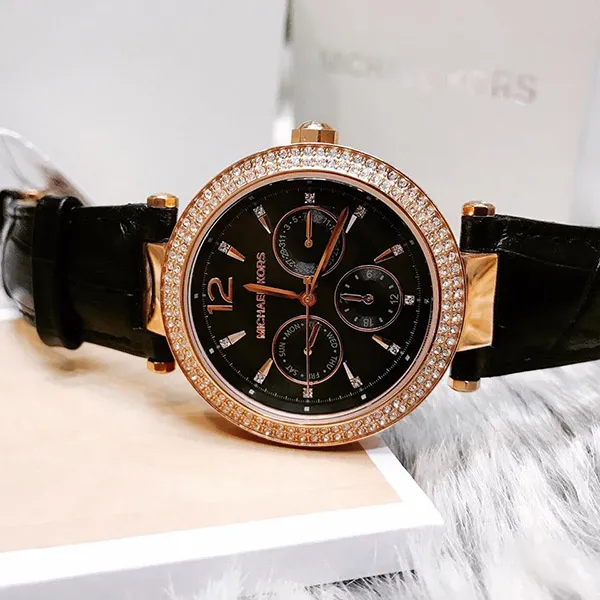 Đồng Hồ Nữ Michael Kors MK2547 Watch Strap Black Leather Màu Đen Phối Vàng Hồng