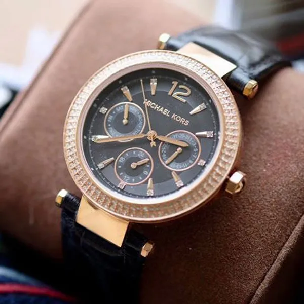 Đồng Hồ Nữ Michael Kors MK2547 Watch Strap Black Leather Màu Đen Phối Vàng Hồng