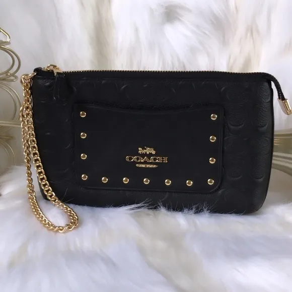 Túi Cầm Tay Clutch Coach Large Wristlet In Signature Leather F76763 Màu Đen