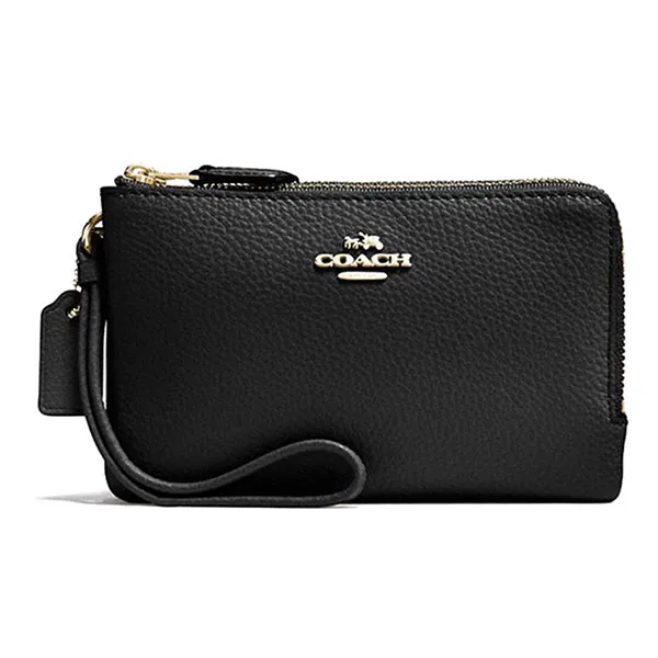 Túi Cầm Tay Coach Wristlet F87590 Pebble Leather Double Zip Black Màu Đen