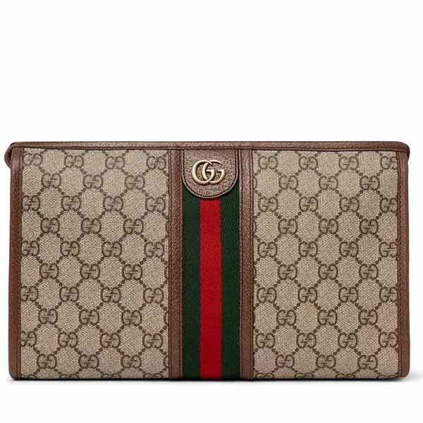 Túi Cầm Tay Gucci Ophidia Leather And Webbing Trimmed Logo Jacquard Coated-Canvas Wash Bag Màu Nâu