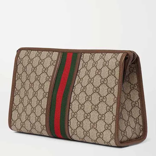 Túi Cầm Tay Gucci Ophidia Leather And Webbing Trimmed Logo Jacquard Coated-Canvas Wash Bag Màu Nâu