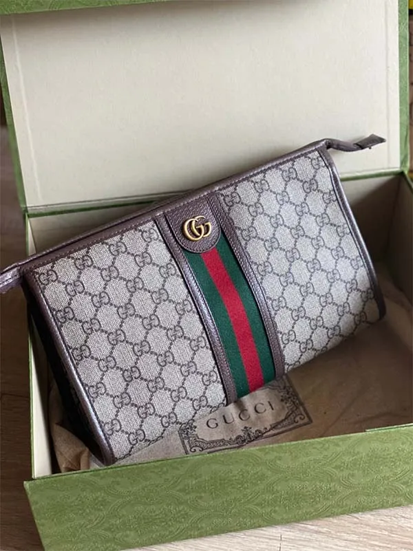 Túi Cầm Tay Gucci Ophidia Leather And Webbing Trimmed Logo Jacquard Coated-Canvas Wash Bag Màu Nâu