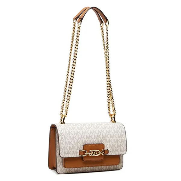 Túi Đeo Vai Michael Kors MK Heather Shoulder Bag In Logo Canvas For Women Màu Trắng - Nâu
