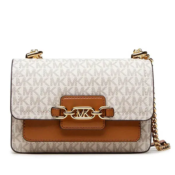 Túi Đeo Vai Michael Kors MK Heather Shoulder Bag In Logo Canvas For Women Màu Trắng - Nâu