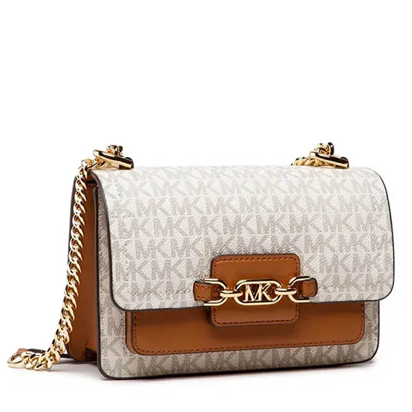Túi Đeo Vai Michael Kors MK Heather Shoulder Bag In Logo Canvas For Women Màu Trắng - Nâu