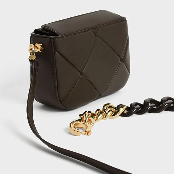 Túi Xách Nữ Charles & Keith CNK Mini Danika Chunky Chain Padded Bag Dark Moss 50270926 Màu Đen