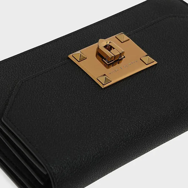 Ví Cầm Tay Nữ Charles & Keith CNK Metallic Accent Push-Lock Wallet - Black CK6-10840133 Màu Đen