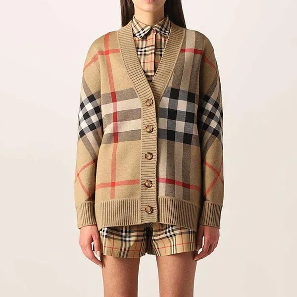 Áo Cardigan Burberry Tartan Technical Wool Màu Nâu
