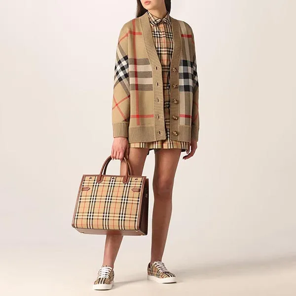 Áo Cardigan Burberry Tartan Technical Wool Màu Nâu