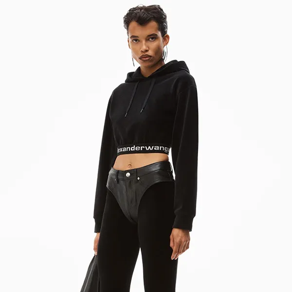 Áo Hoodie Alexander Wang Stretch Corduroy Logo Cropped 4CC1211197 001 Màu Đen Size XS