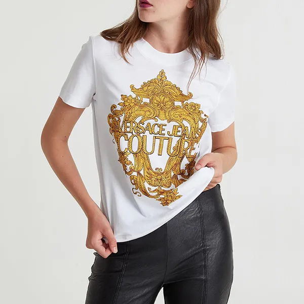 Áo Phông Versace Jeans Couture Baroque Crysal Print Logo 73HAHP02 CJ01P G03 Màu Trắng Size XXS