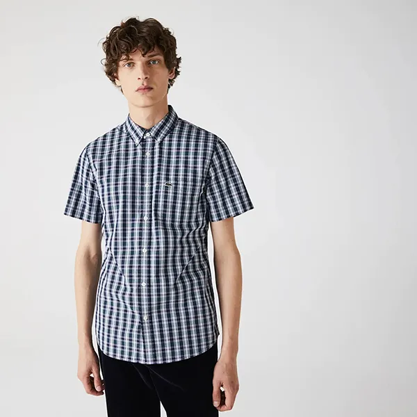 Áo Sơ Mi Lacoste Slim Fit Checked Poplin MC CH5266 51 BUG Green Màu Xanh Kẻ Size 41