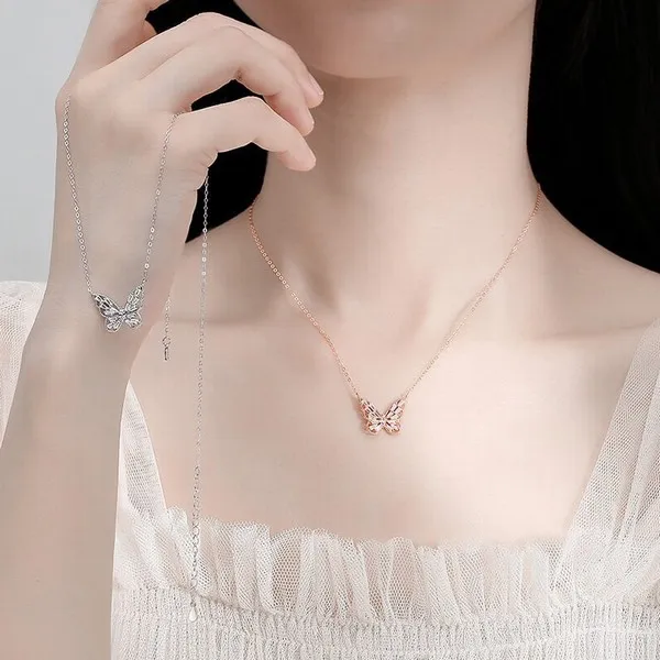 Dây Chuyền Lili Jewelry Bạc Nữ Đính Đá CZ Hình Con Bướm LILI_292788 Màu Vàng Hồng