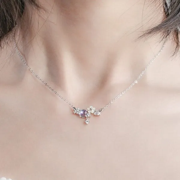 Dây Chuyền Lili Jewelry Bạc Đính Pha Lê Aurora Cao Cấp, Đá CZ Nữ Hoa Lá LILI_955426 Màu Bạc