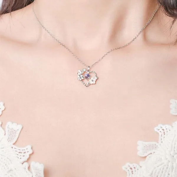 Dây Chuyền Lili Jewelry Bạc Nữ Đẹp Đính Pha Lê Aurora Trái Tim Hoa Lá LILI_866671 Màu Bạc