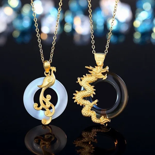 Dây Chuyền Đôi Lili Jewelry Bạc Mạ Vàng Đẹp Và Độc Đính Đá Opal Obsidian Long Phượng LILI_152913