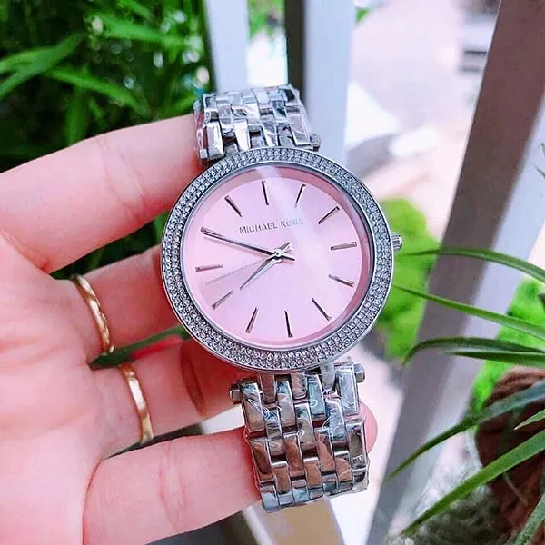 Đồng Hồ Michael Kors Nữ MK3352 Dây Kim Loại Bạc Mặt Hồng Viền Đính Full Đá 38mm