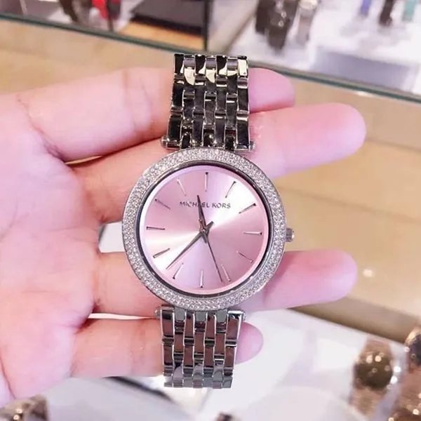 Đồng Hồ Michael Kors Nữ MK3352 Dây Kim Loại Bạc Mặt Hồng Viền Đính Full Đá 38mm