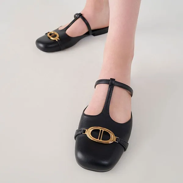 Giày Sục Nữ Charles & Keith CNK Metallic Accent Cut-Out Flat Mules 70900383_Black Màu Đen Size 39
