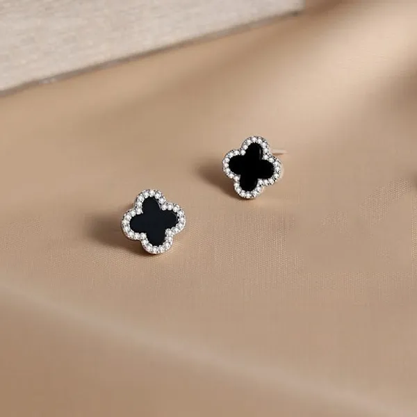 Khuyên Tai LiLi Jewelry Hình Cỏ Bốn Lá Đính Đá Cubic Zirconia, Mã Não LiLi_277777 Màu Đen Bạc