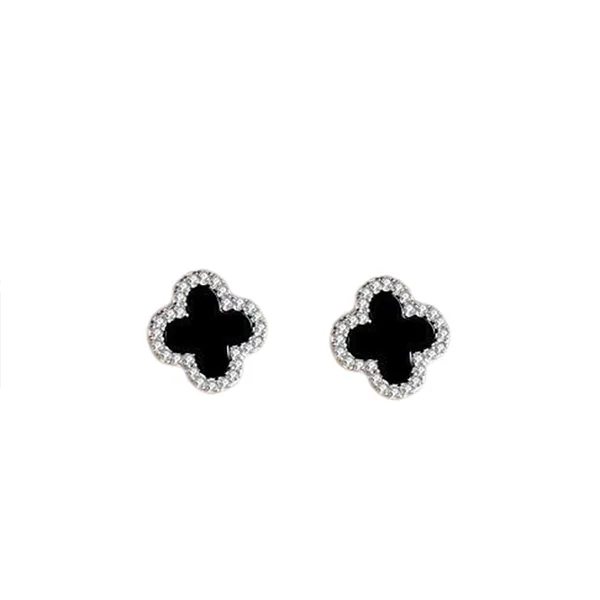 Khuyên Tai LiLi Jewelry Hình Cỏ Bốn Lá Đính Đá Cubic Zirconia, Mã Não LiLi_277777 Màu Đen Bạc