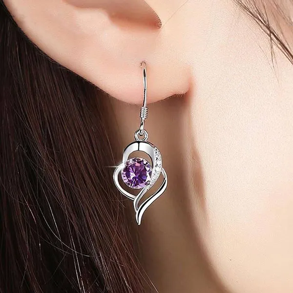 Khuyên Tai LiLi Jewelry Hình Trái Tim Đính Đá CZ Lili_991582 Màu Tím