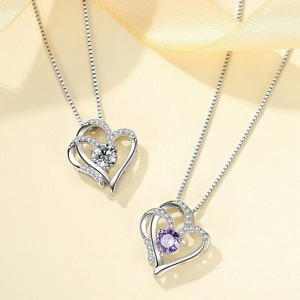 Dây Chuyền Lili Jewelry Bạc Nữ Đính Đá CZ 2 Trái Tim Ghép Đôi LILI_763116 Màu Tím