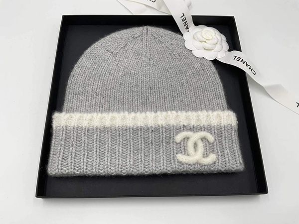 Mũ Len Chanel Classic Cashmere Wool Double C Logo Print Hat Màu Xám - 1