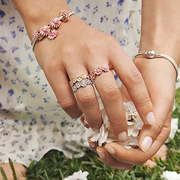 Nhẫn Pandora Pink Daisy Flower Trio Ring Màu Vàng Hồng - 5